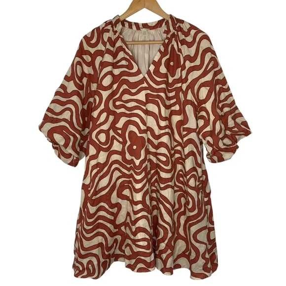 Magaschoni size Large 100% Linen Dress Puffy Sleeves Pockets Lined Rust Tan - Picture 1 of 8